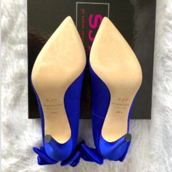 NIB SJP by Sarah Jessica Parker Lucille Bow Satin Pumps Blue EU 36.5 US 6 100mm